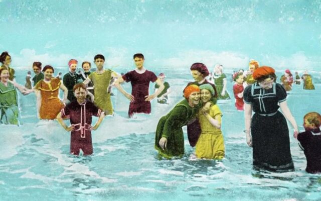 Vintage postcard of 1920s swimmers in the Atlantic Ocean at Volusia County.