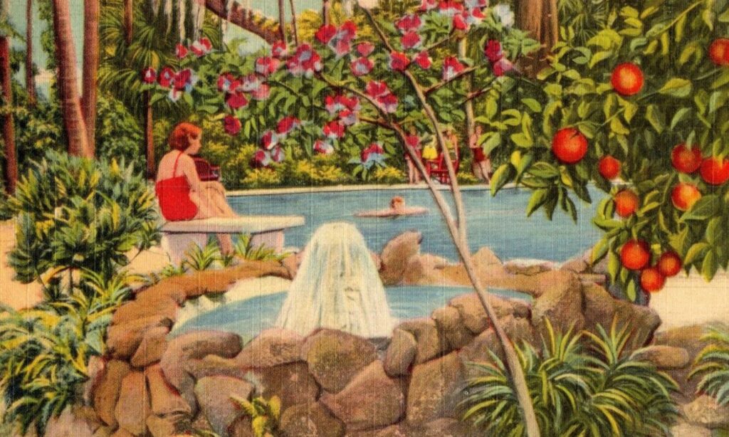 Vintage postcard promoting the Garden of Eden at Log Cabin Groves in Oak Hill, Florida. The scene features a woman in a red bathing suit sitting beside a landscaped pool framed by blooming tropical flowers, palms, citrus trees heavy with oranges, and a small fountain spilling into a rock-lined basin. This postcard reflects the romanticized image of Florida’s tropical abundance and the agricultural heritage that shaped Oak Hill and southern Volusia County.