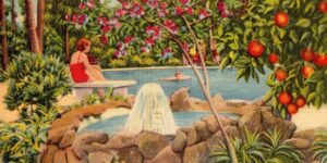 Vintage postcard promoting the Garden of Eden at Log Cabin Groves in Oak Hill, Florida. The scene features a woman in a red bathing suit sitting beside a landscaped pool framed by blooming tropical flowers, palms, citrus trees heavy with oranges, and a small fountain spilling into a rock-lined basin. This postcard reflects the romanticized image of Florida’s tropical abundance and the agricultural heritage that shaped Oak Hill and southern Volusia County.