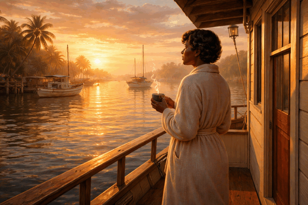 Illustration of Zora Neale Hurston standing on her houseboat at sunrise on the Halifax River in Daytona Beach.