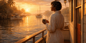 Illustration of Zora Neale Hurston standing on her houseboat at sunrise on the Halifax River in Daytona Beach.